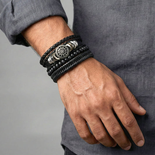 ZEPHYR WEAVE - 4 Pcs Genuine Braided Leather Bracelet Set for Men & Boys (8 inch) - THE MEN THING