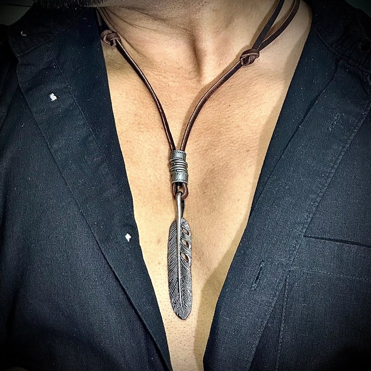 Mayan Freedom Brown - Vintage Alloy Feather Pendant With Adjustable Pure Leather Cord Necklace For