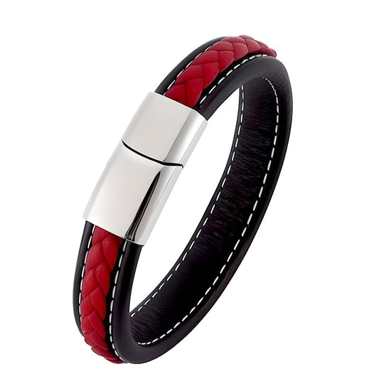 LUNAR MYSTERY RED - Genuine Leather Layer Braided Bracelet with Stainless Steel Magnetic Buckle for Men & Boys (8 inch)