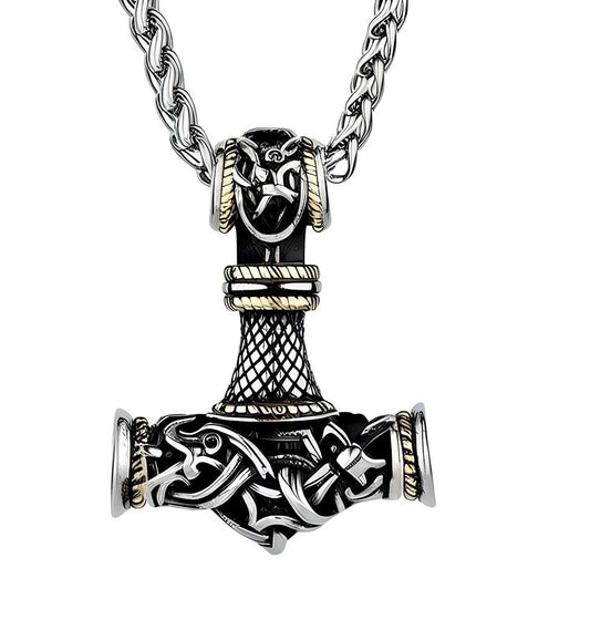 VIKING NORSE GOD HAMMER GOLD  - Pure Titanium Steel Necklace with 24 inch Chain for Men & Boys