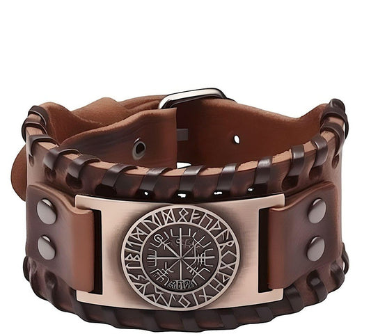 WAYFINDER VIKING BROWN - "38"mm Wide Genuine Leather Adjustable Cuff Bracelet with Stainless Steel Hook for Men & Boys