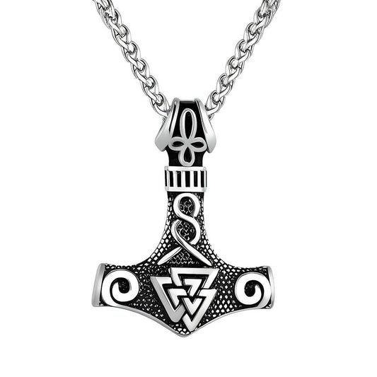 VIKING THOR HAMMER VALKNUT SILVER - Pure Titanium Steel Necklace with 24 inch Chain for Men & Boys