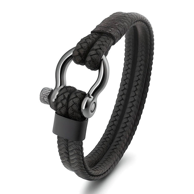 HORSESHOE BUCKLE BLACK - Genuine Leather Braided Bracelet with Stainless Steel Adjustable Clasp Pin for Men & Boys (8 inch)