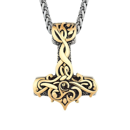 VIKING RUNES THOR HAMMER GOLD - Pure Titanium Steel Necklace with 24 inch Chain for Men & Boys