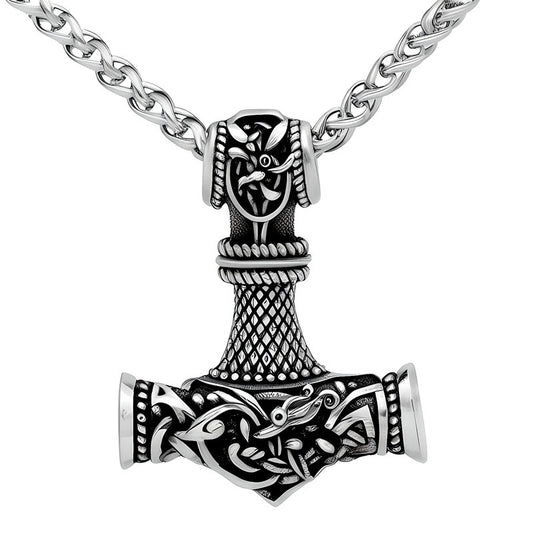 VIKING NORSE GOD HAMMER SILVER  - Pure Titanium Steel Necklace with 24 inch Chain for Men & Boys