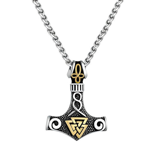 VIKING THOR HAMMER VALKNUT GOLD - Pure Titanium Steel Necklace with 24 inch Chain for Men & Boys