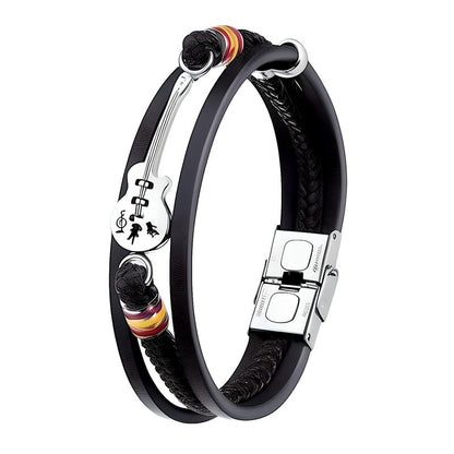 GUITAR CHARM BLACK - Three Strand Genuine Leather Bracelet with Stainless Steel Magnetic Buckle for Men & Boy (8 inch)