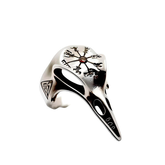 CROW SKULL VIKING - Titanium Steel Ring with Red Stone - Size 17-21- 24)