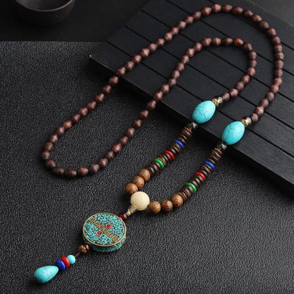 Verdant - Stylish Wood Bead Long Necklace With Blue Pendant For Men & Boys (36 Inch)