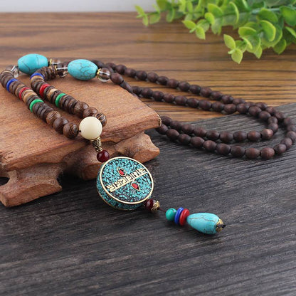 Verdant - Stylish Wood Bead Long Necklace With Blue Pendant For Men & Boys (36 Inch)