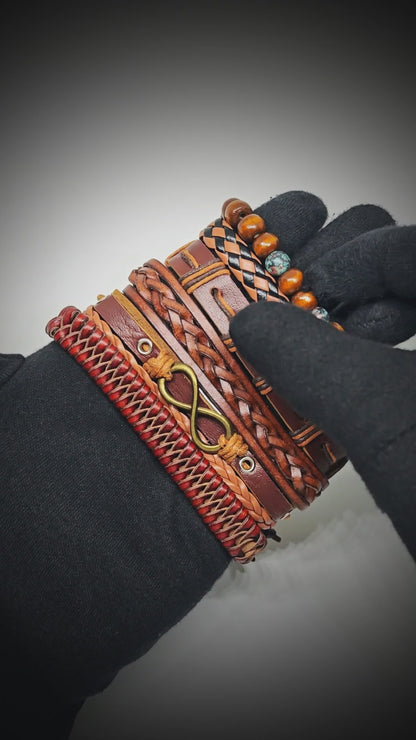 INFINITY EARTH - 6 Pcs Genuine Leather Adjustable Bracelet Set for Men & Boys (8 inch)
