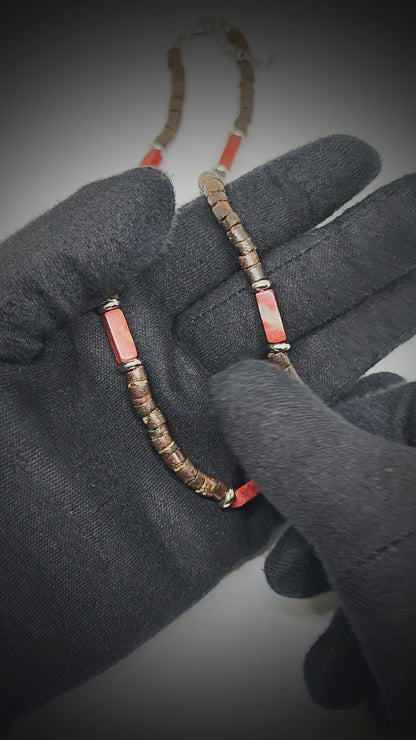 WILDWOOD TRIBAL - Brick Red Jasper 6 mm Beaded Necklace for Men and Boys (20 inches with adjustable silver cable chain)