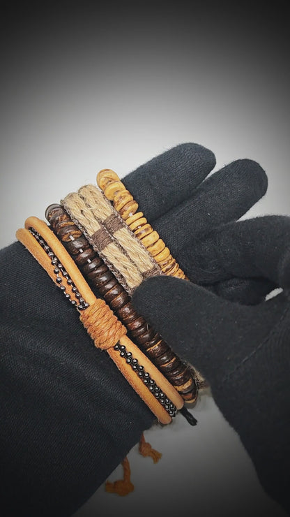 RUSTBORNE - 4 Pcs Brown Genuine Leather Adjustable Bracelet Set for Men & Boys (8 inch)