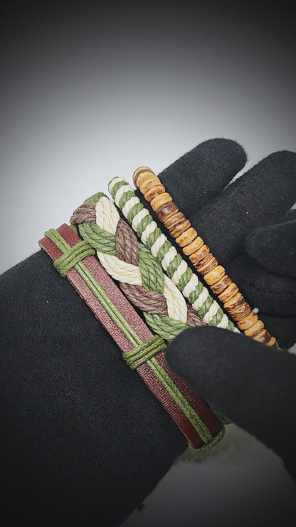 FOREST BOND - 4 Pcs Brown Genuine Leather Adjustable Bracelet Set for Men & Boys (8 inch)