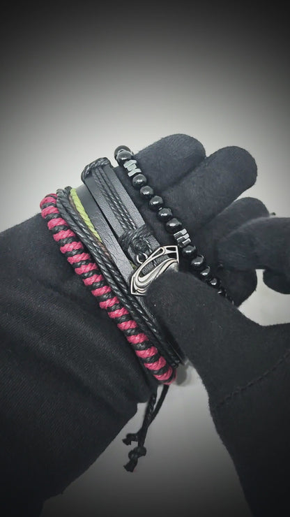 CLARK PHANTOM - 4 Pcs Genuine Leather Adjustable Bracelet Set for Men & Boys (8 inch)