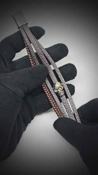 GRIM REAPER - Dark Brown 20mm Genuine Leather Multi-Layer Braided Bracelet with Stainless Steel Magnetic Buckle for Men & Boys (8inch)