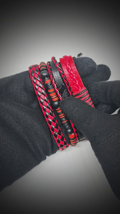 CRIMSON FURY - 4 Pcs Genuine Leather Adjustable Bracelet Set for Men & Boys (8 inch)