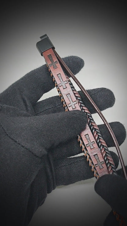 CRUSADER LEGION DARK BROWN - 23mm Genuine Leather Bracelet with Stainless Steel Magnetic Black Buckle for Men & Boys (8.5 inch)