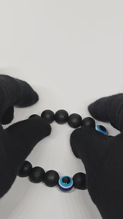 TRINITY EVIL EYE - 12mm Beads Bracelet with Natural Stone - Adjustable Bracelet