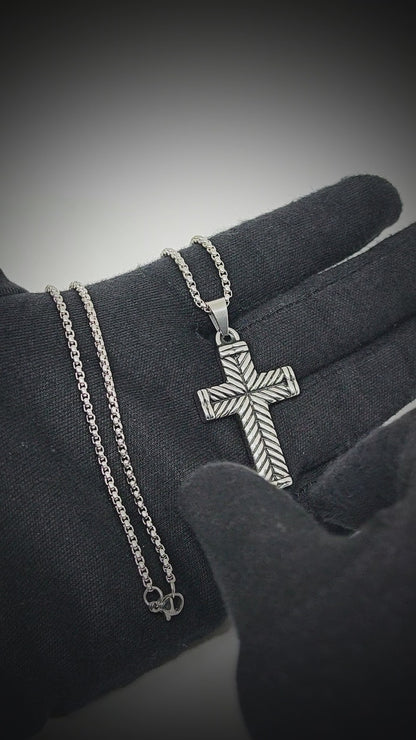 CHEVRON CROSS - 26mm Titanium Steel Pendant with 24inch Round Box 4mm Chain for Men & Boys
