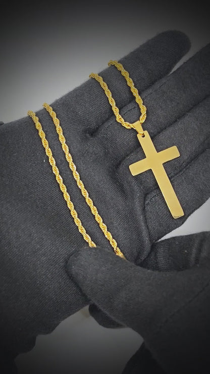 GOLDEN AURUM CROSS - 26mm Titanium Steel Pendant with 23inch Twisted Rope 4mm Chain for Men & Boys