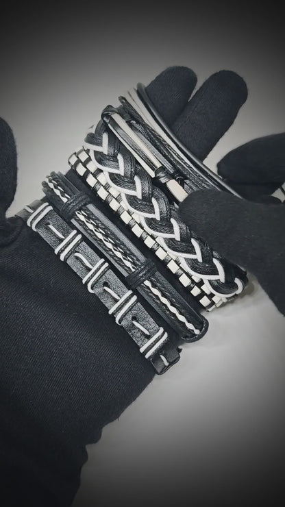 MONOCHROME - 6 Pcs Genuine Leather Adjustable Bracelet Set for Men & Boys (8 inch)