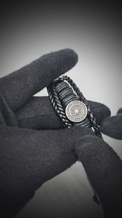NOMAD STAR - Black Genuine Leather Bracelet Set for Men & Boys (Adjustable)