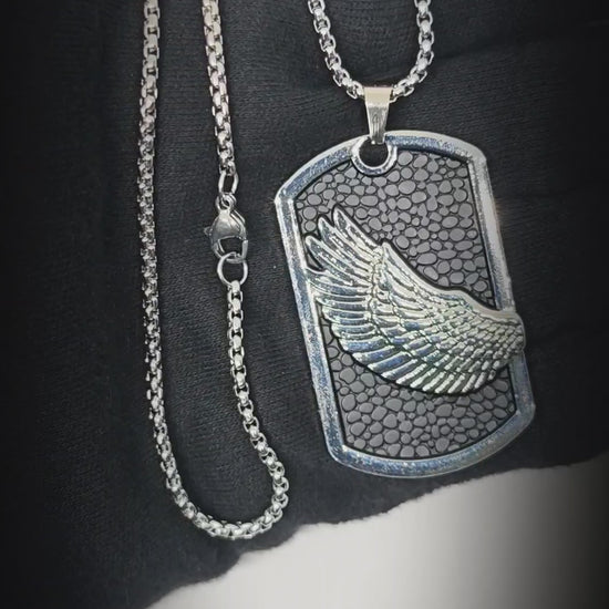 WINGED DOG TAG - 30mm Pure Titanium Steel Pendant with 27inch Round Box 4mm Chain for Men & Boys — SS Pendant/ Necklace for Men | THE MEN THING