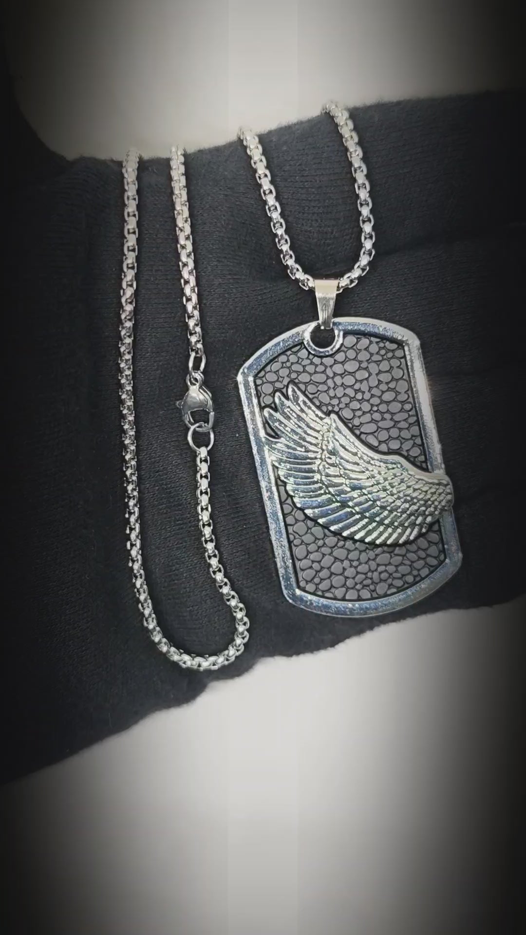 WINGED DOG TAG - 30mm Pure Titanium Steel Pendant with 27inch Round Box 4mm Chain for Men & Boys — SS Pendant/ Necklace for Men | THE MEN THING