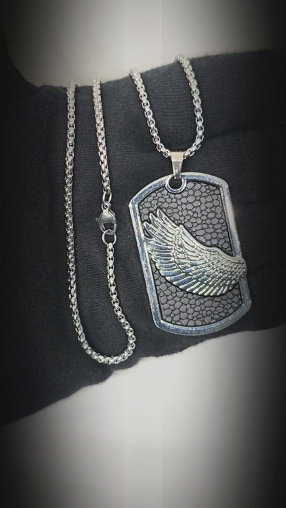 WINGED DOG TAG - 30mm Pure Titanium Steel Pendant with 27inch Round Box 4mm Chain for Men & Boys — SS Pendant/ Necklace for Men | THE MEN THING