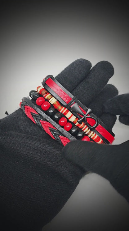 CRIMSON ANKH CROSS - 4 Pcs Genuine Leather Adjustable Bracelet Set for Men & Boys (8 inch)