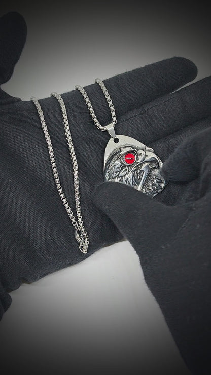 RED EYE FALCON - 39mm Titanium Steel Pendant with 24inch Round Box 5mm Chain for Men & Boys