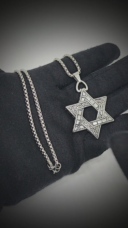 RUNIC STAR - 39mm Titanium Steel Pendant with 24inch Round Box 5mm Chain for Men & Boys