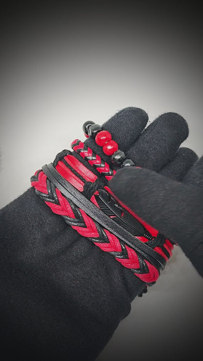 CRIMSON FEATHER - 4 Pcs Genuine Leather Adjustable Bracelet Set for Men & Boys (8 inch)