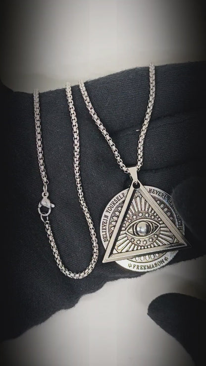 EYE FREEMASON - 39mm Titanium Steel Pendant with 27inch Round Box 4mm Chain for Men & Boys