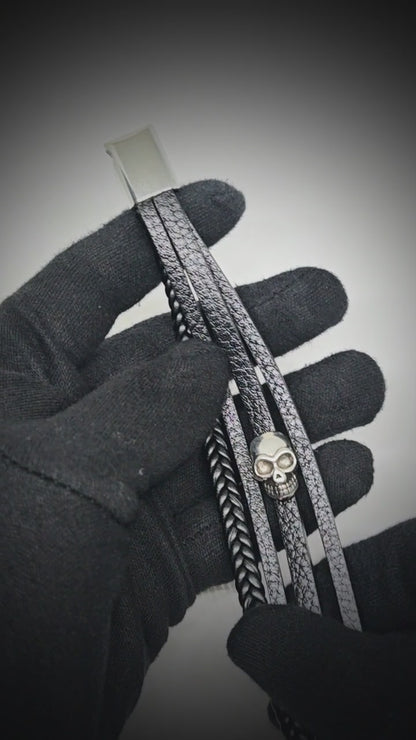 GRIM REAPER - Black 25mm Genuine Leather Multi-Layer Braided Bracelet with Stainless Steel Magnetic Buckle for Men & Boys (8 inch)