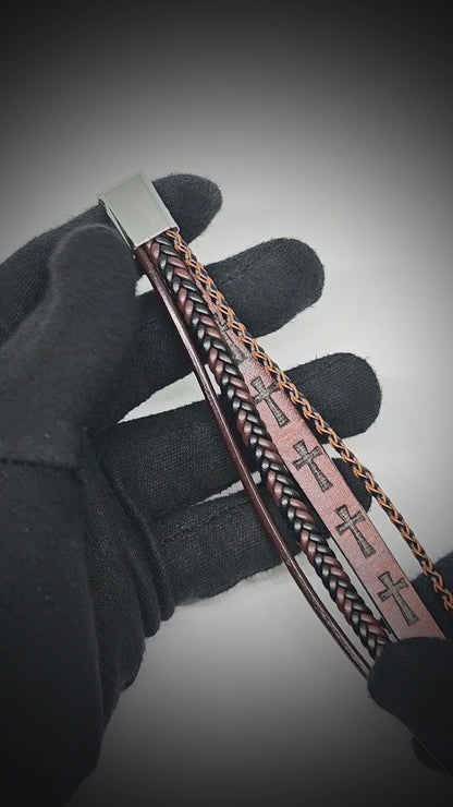 CRUSADER LEGION DARK BROWN - 23mm Genuine Leather Bracelet with Stainless Steel Magnetic Silver Buckle for Men & Boys (8.5 inch)