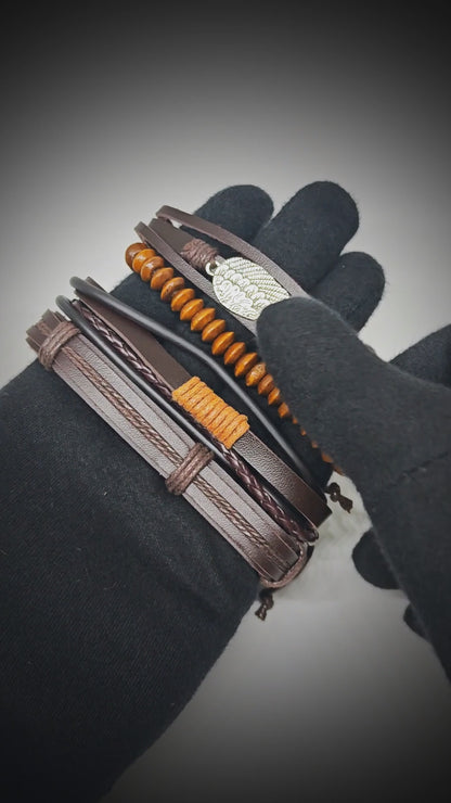 EARTHBOUND FEATHER - 4 Pcs Genuine Leather Adjustable Bracelet Set for Men & Boys (8 inch)