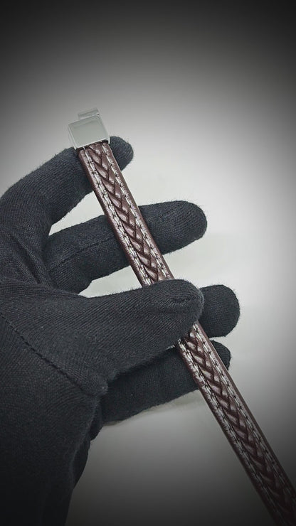 NOIRBOUND - Brown 14mm Genuine Leather Bracelet with Stainless Steel Magnetic Buckle for Men & Boys (8 inch)