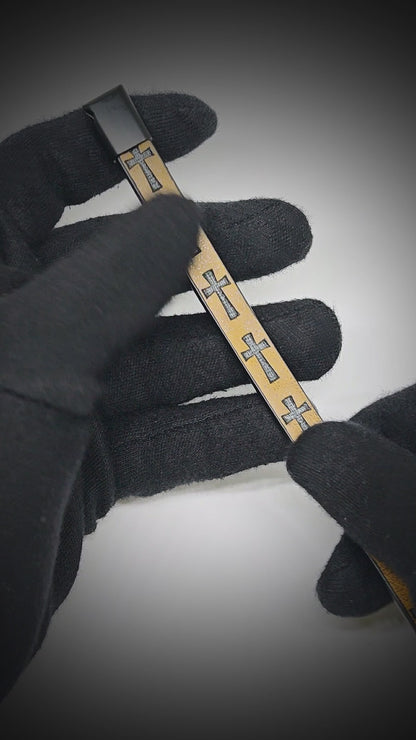 ROGUE MUSTARD YELLOW CROSS - 10mm Genuine Leather Bracelet with Stainless Steel Magnetic Buckle for Men & Boys (8.5 inch)