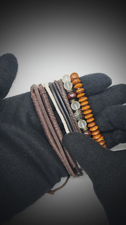 LIONHEART TRIBAL - 4 Pcs Genuine Leather Adjustable Bracelet Set for Men & Boys (8 inch)