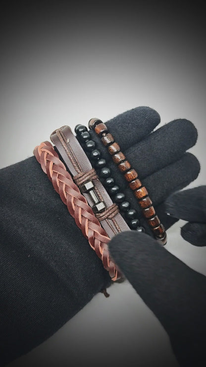 RUSTIC WARRIOR - 4 Pcs Genuine Leather Adjustable Bracelet Set for Men & Boys (8 inch)