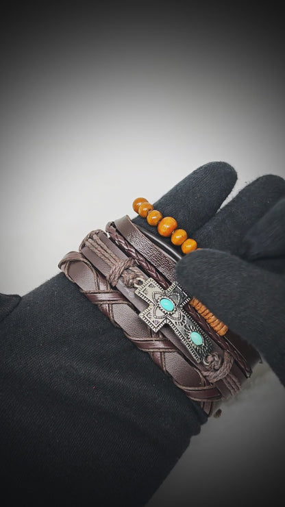 WILDSOUL FAITH - 4 Pcs Genuine Leather Adjustable Bracelet Set for Men & Boys (8 inch)