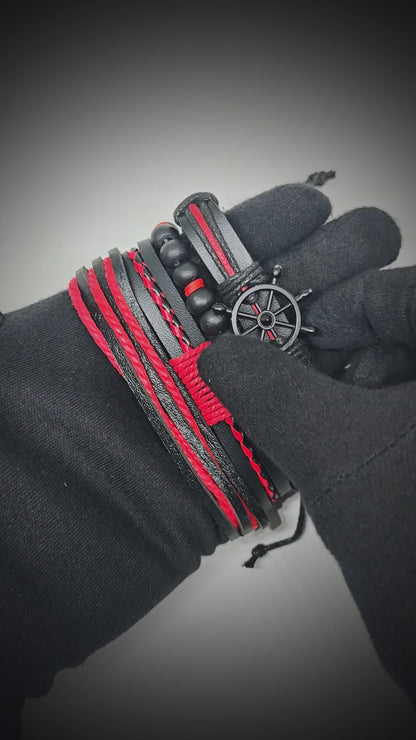 CRIMSON CAPTAIN - 4 Pcs Genuine Leather Adjustable Bracelet Set for Men & Boys (8 inch)