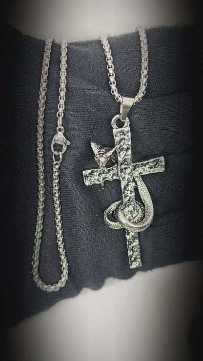 SNAKE WRAPPED CROSS - 30mm Titanium Steel Pendant with 28inch Round Box 4mm Chain for Men & Boys