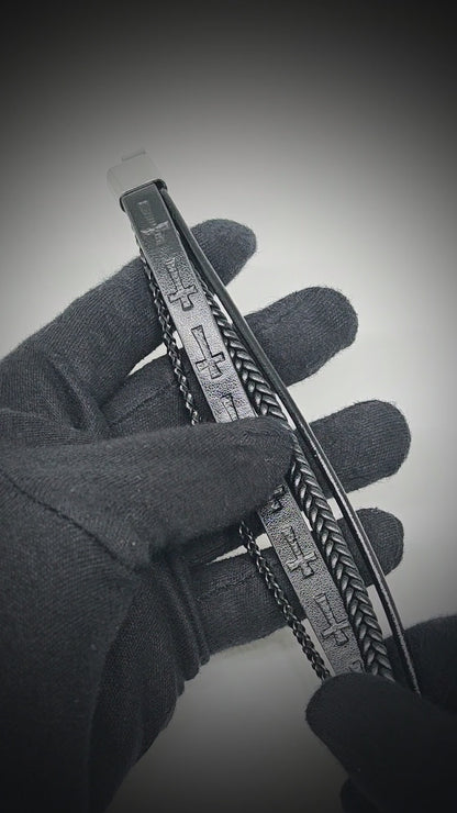 CRUSADER LEGION BLACK - 23mm Genuine Leather Bracelet with Stainless Steel Magnetic Silver Buckle for Men & Boys (8.5 inch)