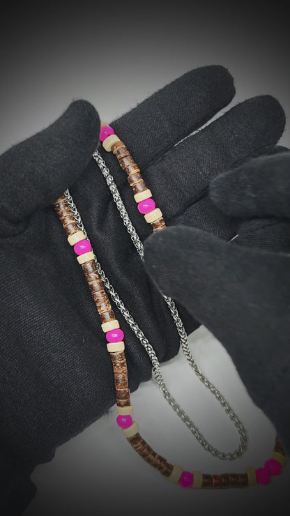 TRIBAL DRIFT - Natural Wood Beaded Necklace with Twisted Steel Chain for Mens & Boys (20 and 22 inch with adjustable cable chain)