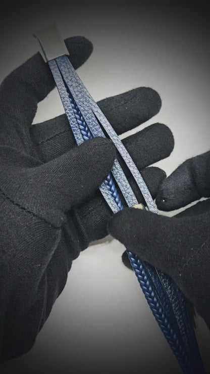 GRIM REAPER - Navy Blue 20mm Genuine Leather Multi-Layer Braided Bracelet with Stainless Steel Magnetic Buckle for Men & Boys (8inch)