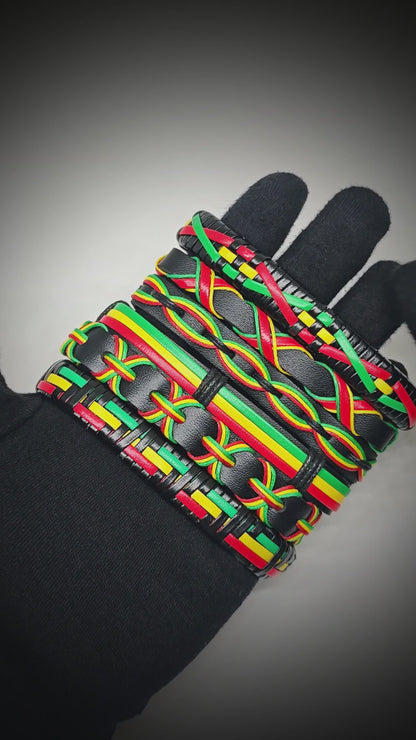 REGGAE - 6 Pcs Genuine Leather Adjustable Bracelet Set for Men & Boys (8 inch)