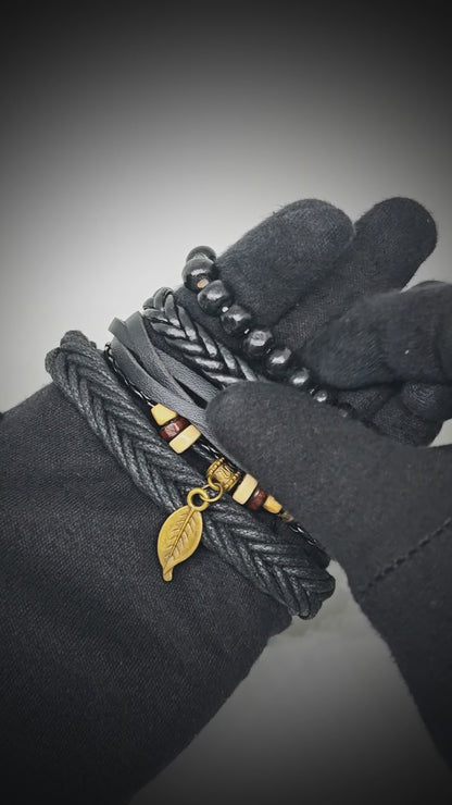 NIGHTWIND LEAF - 4 Pcs Genuine Leather Adjustable Bracelet Set for Men & Boys (8 inch)